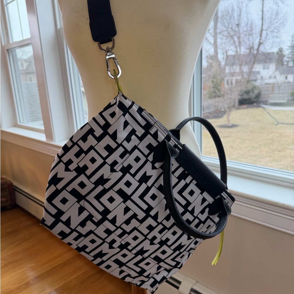 Longchamp Black and White Graphic Logo Tote